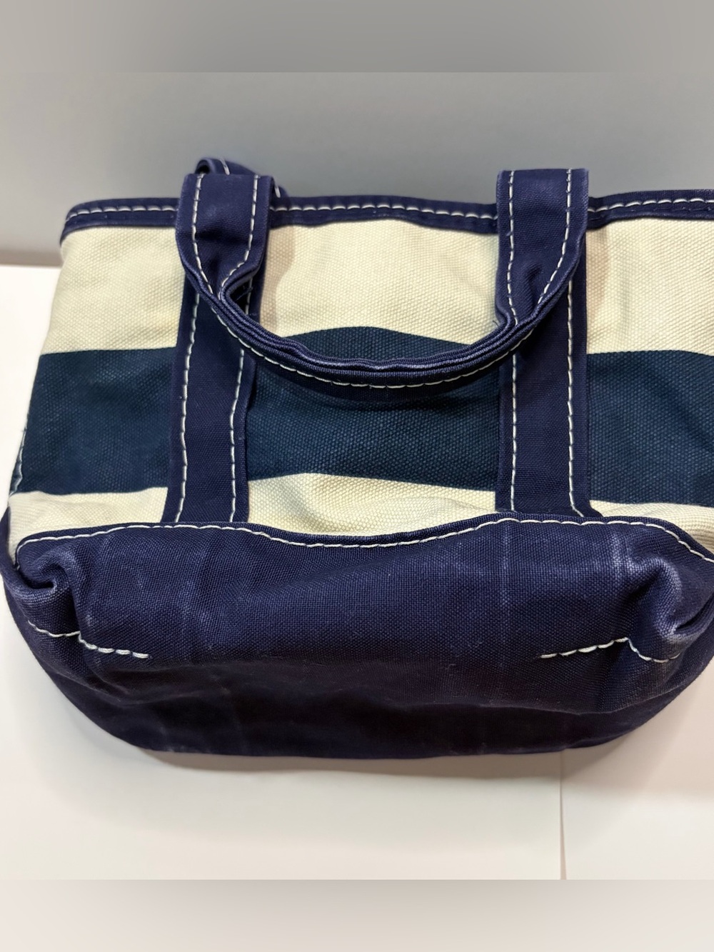 LL Bean Boat & Tote Mini Striped Navy Blue White Canvas VTG 1990s Zip Top - Picture 10 of 16